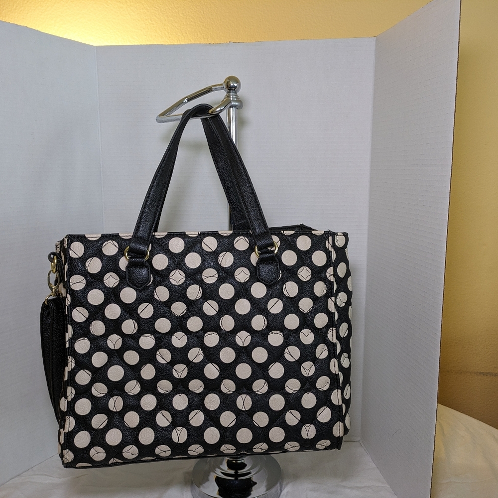 Betsey Johnson Black and White Polka Dot Tote with Red Bow Accent - Picture 2 of 10